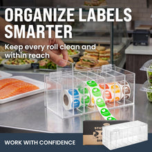 Load image into Gallery viewer, Adjustable Sticker Roll Dispenser with Lid, 7 Slot Label Holder with Removable Dividers, Wall Mountable Clear Acrylic, 9" x 3.7" x 3.7"
