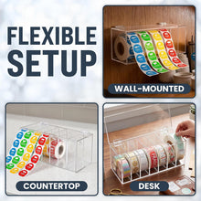 Load image into Gallery viewer, Adjustable Sticker Roll Dispenser with Lid, 7 Slot Label Holder with Removable Dividers, Wall Mountable Clear Acrylic, 9" x 3.7" x 3.7"