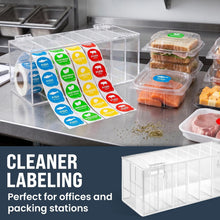 Load image into Gallery viewer, Adjustable Sticker Roll Dispenser with Lid, 7 Slot Label Holder with Removable Dividers, Wall Mountable Clear Acrylic, 9" x 3.7" x 3.7"