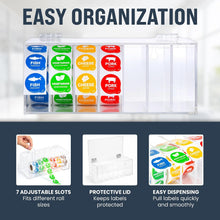 Load image into Gallery viewer, Adjustable Sticker Roll Dispenser with Lid, 7 Slot Label Holder with Removable Dividers, Wall Mountable Clear Acrylic, 9" x 3.7" x 3.7"