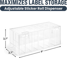 Load image into Gallery viewer, Adjustable Sticker Roll Dispenser with Lid, 7 Slot Label Holder with Removable Dividers, Wall Mountable Clear Acrylic, 9" x 3.7" x 3.7"