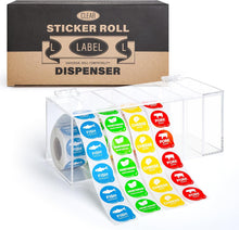 Load image into Gallery viewer, Adjustable Sticker Roll Dispenser with Lid, 7 Slot Label Holder with Removable Dividers, Wall Mountable Clear Acrylic, 9" x 3.7" x 3.7"