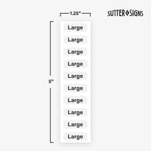 Load image into Gallery viewer, Bulk Case of 20 Sets - 1500pcs Clothing Size Strip Labels Box Set, 1.25&quot; x 5&quot;, 6 Rolls (XS, S, M, L, XL, XXL), 250/Roll, Clear Size Sticker Labels for Shirts, Pants, Accessories, Retail Clothing