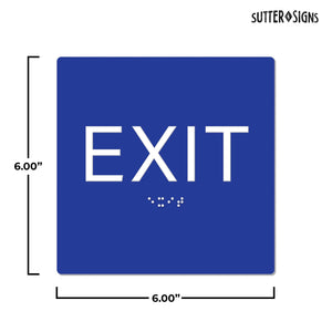 Bulk Case of 100 Signs - Exit Sign with Braille, Blue, Self Adhesive ADA Building Sign, 6" x 6"