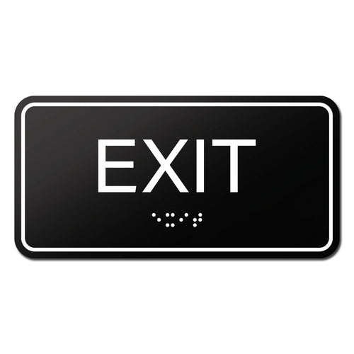 Bulk Case of 100 Signs - Exit Sign with Braille, Black, Self Adhesive ADA Building Sign, 6