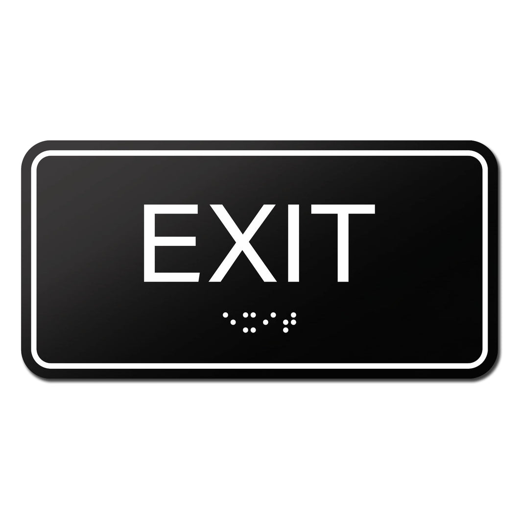 Bulk Case of 100 Signs - Exit Sign with Braille, Black, Self Adhesive ADA Building Sign, 6