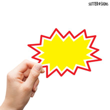Load image into Gallery viewer, Bulk Case of 60 Sets - Starburst Signs with Stickers 300pcs | Price Tags for Yard, Estate, Garage Sale, Retail Store. 150pcs Cards &amp; 150pcs Sticker Dots. Assorted Sizes 2x3, 3x5, 4x6 inch (Yellow)