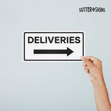 Load image into Gallery viewer, Bulk Case of 100 Signs - Deliveries with Right Arrow Sign, 12" x 6" Aluminum Delivery Sign for Home, Office, Commercial Buildings