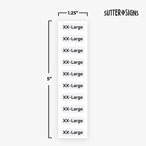Bulk Case of 100 Rolls - Sutter Signs 250pcs XX-Large Clothing Size Strip Labels, 1.25" x 5", 250 Labels/Roll, Clear, White, Plastic, Rectangular