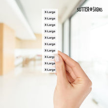 Load image into Gallery viewer, Bulk Case of 20 Sets - 1500pcs Clothing Size Strip Labels Box Set, 1.25&quot; x 5&quot;, 6 Rolls (XS, S, M, L, XL, XXL), 250/Roll, Clear Size Sticker Labels for Shirts, Pants, Accessories, Retail Clothing