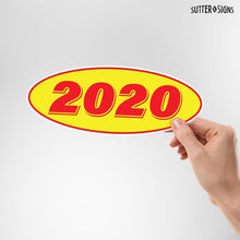 Load image into Gallery viewer, Bulk Case of 63 Sets - 2020 Car Model Year Windshield Stickers | 14" x 5.5" Oval Stickers for Car Dealerships, Vehicle Windshields (Pack of 12)