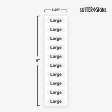Load image into Gallery viewer, Bulk Case of 100 Rolls - 250pcs Large Clothing Size Strip Labels, 1.25&quot; x 5&quot; Labels, Large, 250/Roll, Clear Size Strip Sticker for Shirts, Pants, Accessories, Retail Clothing