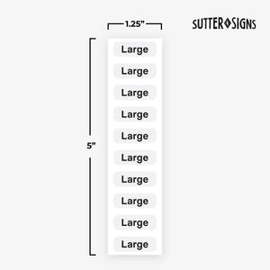 Bulk Case of 100 Rolls - 250pcs Large Clothing Size Strip Labels, 1.25" x 5" Labels, Large, 250/Roll, Clear Size Strip Sticker for Shirts, Pants, Accessories, Retail Clothing