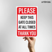 Load image into Gallery viewer, Bulk Case of 50 Signs - Please Keep Gate Closed Sign 10" x 7" | Aluminum Warning Sign to Keep Gate Shut, Latched or Locked | Pre Drilled Mounting Holes for Easy Installation