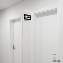 Load image into Gallery viewer, Bulk Case of 45 Sets - 2pk Restroom Sign with Arrow | Wall Mounted Projecting Double Sided Unisex Restroom Signs 12.1" x 5.5"