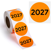 Load image into Gallery viewer, Bulk Case of 50 Rolls - 500pcs 2027 Year Stickers, 2 Inch Fluorescent Orange Color Coded Year, Labels, Warehouse Inventory Organization Stickers