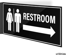 Load image into Gallery viewer, Bulk Case of 45 Sets - 2pk Restroom Sign with Arrow | Wall Mounted Projecting Double Sided Unisex Restroom Signs 12.1" x 5.5"