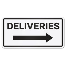 Load image into Gallery viewer, Bulk Case of 100 Signs - Deliveries with Right Arrow Sign, 12&quot; x 6&quot; Aluminum Delivery Sign for Home, Office, Commercial Buildings