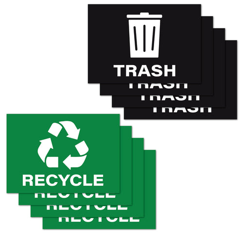 Bulk Case of 100 Sets - 4pc Recycle Stickers + 4pc Trash Stickers | Weatherproof Vinyl Sticker Recycling Signs for Trash Bins, 7