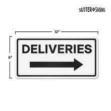 Load image into Gallery viewer, Bulk Case of 100 Signs - Deliveries with Right Arrow Sign, 12&quot; x 6&quot; Aluminum Delivery Sign for Home, Office, Commercial Buildings