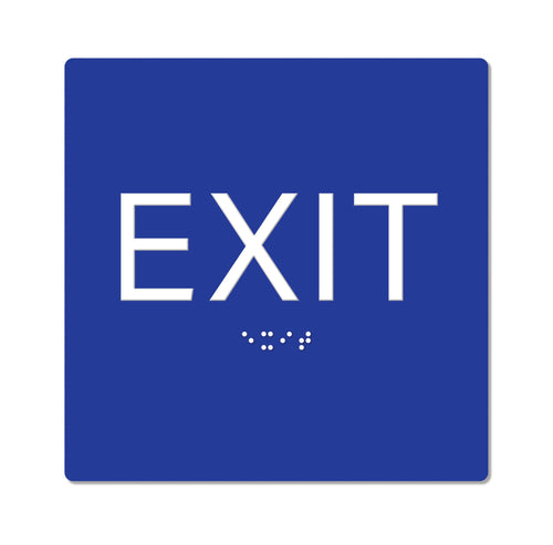 Bulk Case of 100 Signs - Exit Sign with Braille, Blue, Self Adhesive ADA Building Sign, 6