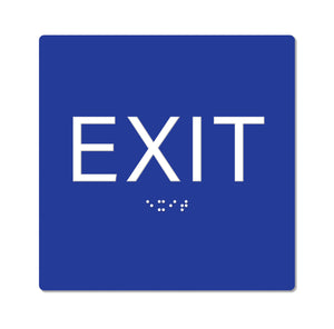 Bulk Case of 100 Signs - Exit Sign with Braille, Blue, Self Adhesive ADA Building Sign, 6" x 6"
