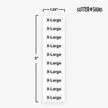 Load image into Gallery viewer, Bulk Case of 100 Rolls - 250pcs X-Large Clothing Size Strip Labels, 1.25&quot; x 5&quot; Labels, X-Large, 250/Roll, Clear Clothing Size Strip Sticker for Shirts, Pants, Accessories, Retail Clothing