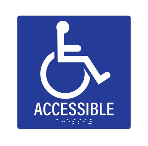 Bulk Case of 100 Signs - Handicapped Accessible Sign with Braille, Blue, Self Adhesive Plastic ADA Building Sign, 6