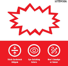 Load image into Gallery viewer, Bulk Case of 60 Sets - Starburst Signs with Stickers 300pcs | 150pcs Cards &amp; 150pcs Sticker Dots. Assorted Sizes 2x3, 3x5, 4x6 inch (White)