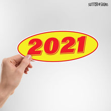 Load image into Gallery viewer, Bulk Case of 63 Sets - 2021 Car Model Year Windshield Stickers | 14" x 5.5" Oval Stickers for Car Dealerships, Vehicle Windshields (Pack of 12)