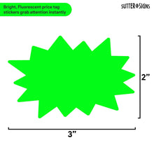 Load image into Gallery viewer, Bulk Case of 100 Sets - Starburst Price Tag Stickers, 2" x 3" Fluorescent Green Starburst Signs, Removable Adhesive, 250pcs