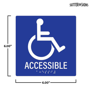 Bulk Case of 100 Signs - Handicapped Accessible Sign with Braille, Blue, Self Adhesive Plastic ADA Building Sign, 6" x 6"