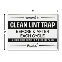 Load image into Gallery viewer, Bulk Case of 100 Sets - Clean Lint Trap Sign 5" x 7" | Durable Plastic Clean Laundry Sign with Peel and Stick Adhesive Backing | Rental and Airbnb Essentials for Hosts