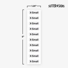 Load image into Gallery viewer, Bulk Case of 100 Rolls - 250pcs X-Small Clothing Size Strip Labels, 1.25&quot; x 5&quot;, X-Small, 250/Roll, Clear Size Strip Sticker Labels for Shirts, Pants, Accessories, Retail Clothing
