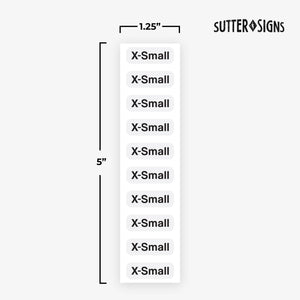 Bulk Case of 100 Rolls - 250pcs X-Small Clothing Size Strip Labels, 1.25" x 5", X-Small, 250/Roll, Clear Size Strip Sticker Labels for Shirts, Pants, Accessories, Retail Clothing