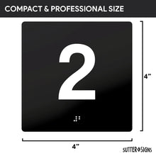 Load image into Gallery viewer, Bulk Case of 100 Sets - 2nd Floor Elevator Jamb Plate Sign with Braille Raised Number (Pack of 2), Self Adhesive Plastic ADA Elevator Floor Sign, 4" x 4" (Pack of 2)