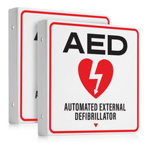 Load image into Gallery viewer, Bulk Case of 50 Sets - AED Sign 6" x 6" for Wall - 3D Acrylic AED Projecting Sign with Double Sided Design Mounting Screws Pre-Drilled Holes for Workplace - Defibrillator For Home (2 PACK)