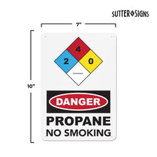 Load image into Gallery viewer, Bulk Case of 50 Sets - Danger Propane No Smoking Aluminum Sign, 10x7, Rust-free Aluminum Sign with Pre-drilled Mounting Holes by Sutter Signs