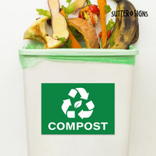 Load image into Gallery viewer, Bulk Case of 177 Sets - Compost Stickers, Self Adhesive Weatherproof Vinyl Stickers, Green, 7" x 10" (Pack of 4)