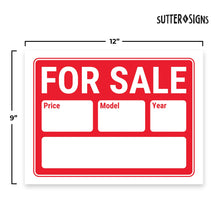 Load image into Gallery viewer, Bulk Case of 87 Sets - For Sale Signs 12x9, Plastic Signs for Used Car, Trailer, Vehicle for Sale with Year and Model, Waterproof Plastic (Pack of 4)