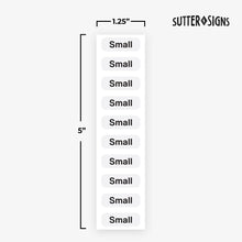Load image into Gallery viewer, Bulk Case of 100 Rolls - 250pcs Small Clothing Size Strip Labels, 1.25&quot; x 5&quot;, Small, 250 Labels/Roll, Clear Size Strip Sticker for Shirts, Pants, Accessories, Retail Clothing