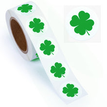 Load image into Gallery viewer, Bulk Case of 100 Rolls - 4 Leaf Clover Stickers, 1" Diameter 500pcs, St. Patrick's Day Shamrock Perforated Stickers, 500pcs