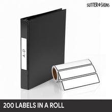 Load image into Gallery viewer, Bulk Case of 50 Sets - Binder Spine Labels 5 3/8" x 1 3/8", 200pcs, Perforated Self Adhesive Sticker Labels for 1.5 Inch Binders, White with Black Border