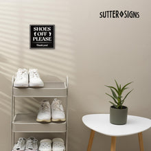 Load image into Gallery viewer, Bulk Case of 100 Sets - Shoes Off Please Sign | Please Remove Your Shoes Sign for Front Door House | Black Plastic with Full Adhesive Backing, 6" x 6"