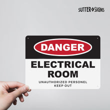 Load image into Gallery viewer, Bulk Case of 50 Sets - Danger Electrical Room Aluminum Sign, 10x7, Rust-free Aluminum Sign with Pre-drilled Mounting Holes by Sutter Signs