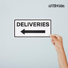 Load image into Gallery viewer, Bulk Case of 100 Signs - Deliveries with Left Arrow Sign, 12&quot; x 6&quot; Aluminum Delivery Sign for Home, Office, Commercial Buildings