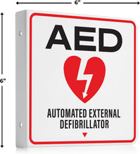 Load image into Gallery viewer, Bulk Case of 50 Sets - AED Sign 6" x 6" for Wall - 3D Acrylic AED Projecting Sign with Double Sided Design Mounting Screws Pre-Drilled Holes for Workplace - Defibrillator For Home (2 PACK)
