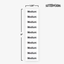 Load image into Gallery viewer, Bulk Case of 100 Rolls - 250pcs Medium Clothing Size Strip Labels, 1.25&quot; x 5&quot;, Medium, 250/Roll, Clear Size Strip Sticker Labels for Shirts, Pants, Accessories, Retail Clothing