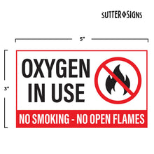 Load image into Gallery viewer, Bulk Case of 250 Sets - Oxygen in Use No Smoking No Open Flames Stickers, Weatherproof Self Adhesive Vinyl, White/Black/Red, 5" x 3" - Pack of 2