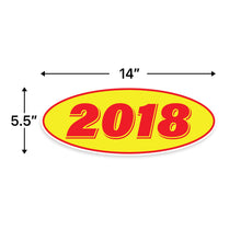 Load image into Gallery viewer, Bulk Case of 100 Sets - 2018 Car Model Year Windshield Stickers | 14" x 5.5" Oval Stickers for Car Dealerships, Vehicle Windshields (Pack of 12)